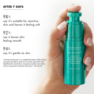 after 7 days: 98% say it’s suitable for sensitive skin and leaves it feeling soft  92% say it leaves skin feeling smooth  94% say it’s gentle on skin *said by participants in a scientifically tested, 2022 42-day consumer perception study of 52 women age 35-60 with identified skin sensitivities, using time sensitive twice daily with an assessment evaluation after day 7, 28 and 42